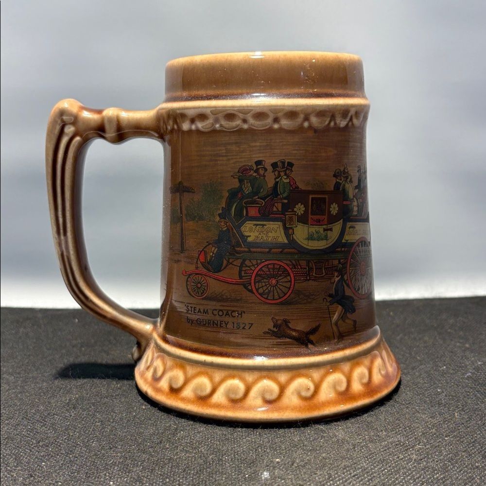 Vintage Brown Ceramic Mug with Coach Design